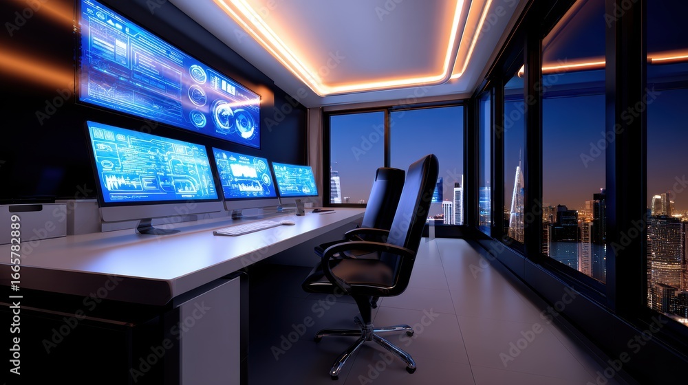 Poster modern office workspace with multiple screens displaying data, overlooking a city skyline at dusk
