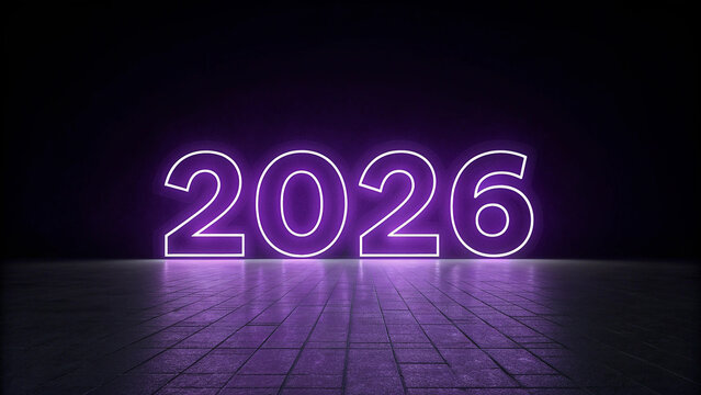 Happy new year celebration concept with a neon red light illustration of 3d text and the number 2026 on a dark background
