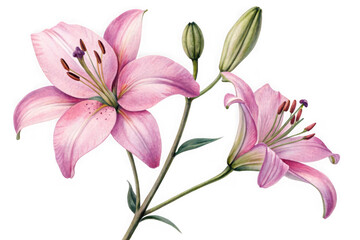 Delicate pink lily flowers with buds and green stems isolated on transparent background
