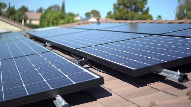 Solar panels tiled on a roof in a suburban setting during a sunny day