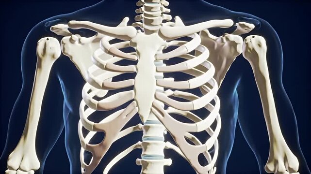 Human torso bones are shown floating against a dark blue, transparent body outline