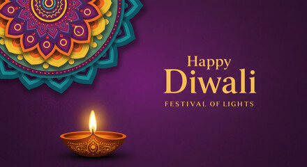 Colorful mandala design with glowing diya lamp and Happy Diwali text on purple background