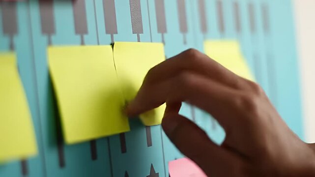 Hand places a yellow sticky note on a blue wall with dark gray measuring stick design