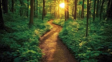 Fototapeta premium A Winding Forest Path Bathed in the Golden Glow of a Radiant Sunburst