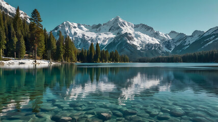 Turquoise Lake with Snow-Capped Mountains and Reflections