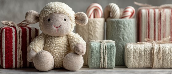 Playful Decorative Sheep Toy Among Gift Boxes Cozy Indoor Setting Captivating Photography
