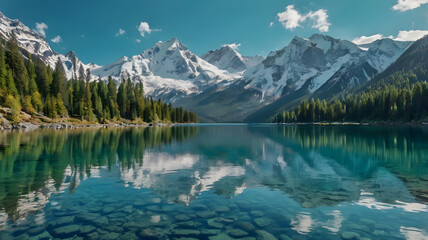 Turquoise Lake with Snow-Capped Mountains and Reflections