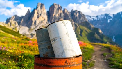 Rusty metal containers stand atop an orange barrel amidst wildflowers and a majestic mountain range.