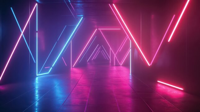 Corridor illuminated with neon lights forming triangles in shades of pink and blue colors creating a futuristic look