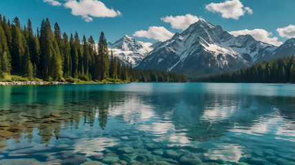 Turquoise Lake with Snow-Capped Mountains and Reflections