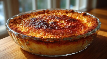 Golden, baked custard pie in glass dish