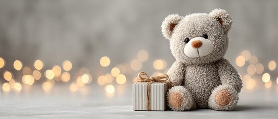 Cute Teddy Bear Gift with Present on Soft Surface Cozy Room Photography Relaxing Atmosphere