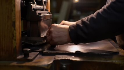 Antique letterpress printing machine with metal type and artisan's hands guiding