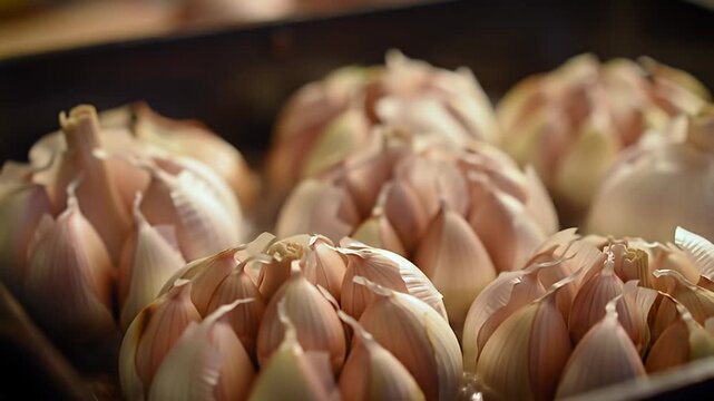 Multiple heads of garlic sit close together, showing clove detail and textures