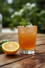 Refreshing amber colored cocktail with ice and mint garnish next to a sliced orange on a rustic wooden table outdoors