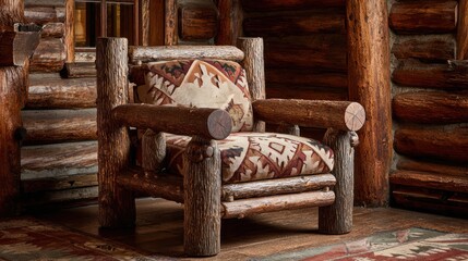 Rustic wooden armchair in a log cabin
