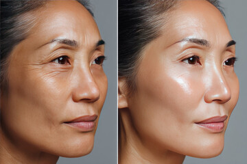 Compare before and after beauty treatment woman face wrinkle reduction skin care facial skin anti aging smooth skin healthy skin close up portrait