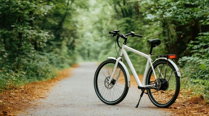 Fototapeta premium Eco Friendly Electric Bicycle Parked Amidst Lush Park Scenery with Winding Trail and Vibrant Foliage Showcasing a Sustainable and Peaceful Outdoor Lifestyle