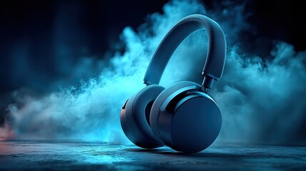Fototapeta premium Headphones in smoky neon light