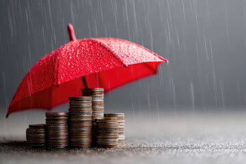 Umbrella protecting a stack of coins from a rain of numbers, concept of investment protection and risk management