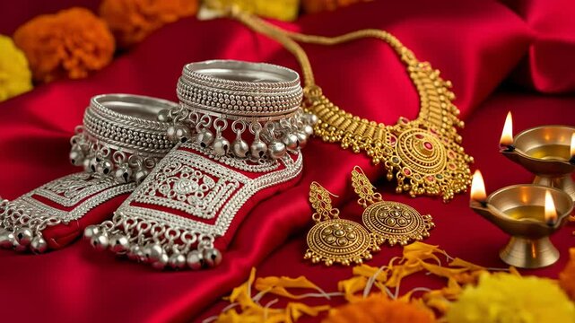 Happy onam festival exquisite traditional indian gold and silver jewelry with lit diyas symbolizing joy prosperity and cultural vibrancy