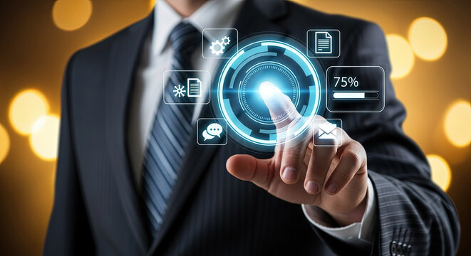Man in suit interacts with glowing digital interface featuring icons and progress indicator