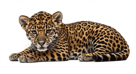 Fototapeta premium Adorable jaguar cub rests peacefully against stark white background Soft light enhances its intricate coat pattern. AI Generated