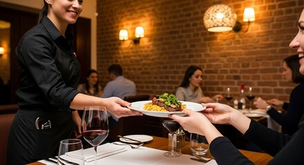 Restaurant scene, waiter serving food