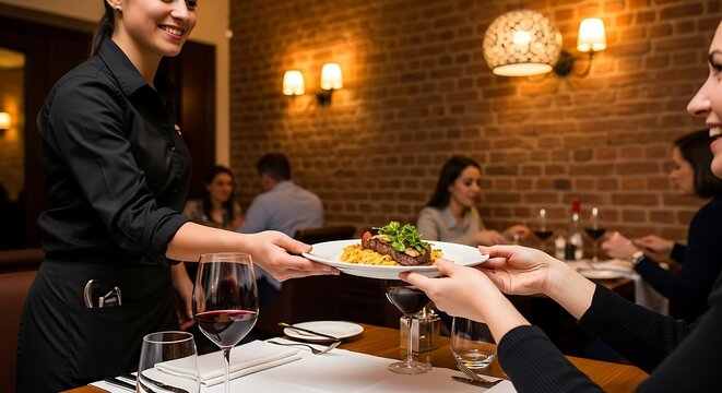 Restaurant scene, waiter serving food