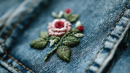 Close-up embroidered rose on denim