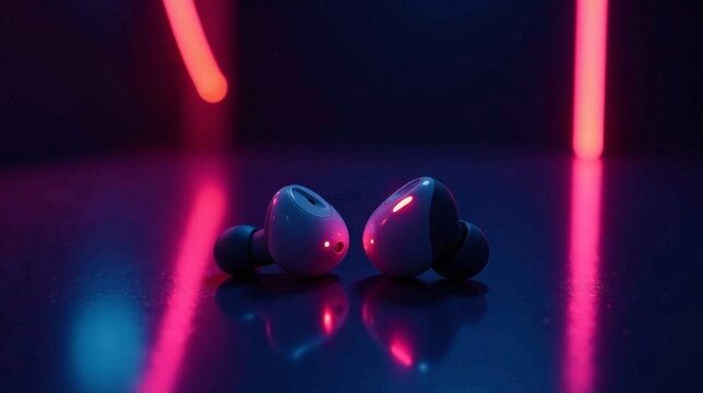 Wireless earbuds illuminated by vibrant neon lighting, reflecting on a sleek surface.