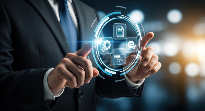 Businessman in suit activates digital interface with document, settings, conversation, and loading icons