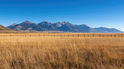 Fototapeta premium Majestic snow capped mountain range rising up against a clear blue sky framed by an expansive grassy farmland with an electric fence stretching across the foreground