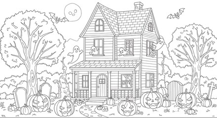 Spooky Halloween House with Ghosts, Bats, and Jack-o'-Lanterns Coloring Page