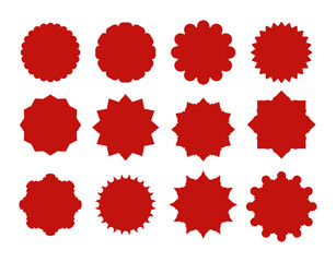Red starburst label sticker set. Special offer price tag. Price sticker, sale sticker, starburst, quality mark, retro silhouette. Star blank label. Vector illustration