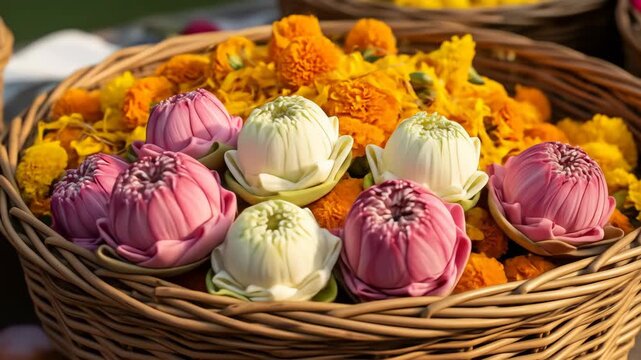 Happy onam festival vibrant marigold and sacred lotus blossoms for pookalam floral designs celebrating keralas cultural traditions