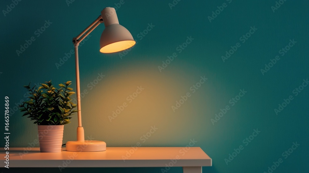 Poster warm glow of a cozy desk lamp illuminating a minimalist study setup with a potted plant creating a c