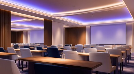 Modern conference room setup with rows of tables and chairs, ambient lighting, and blank screens