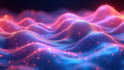 Fototapeta premium Vibrant neon-colored liquid waves with glowing particles drifting through cinematic lighting. A futuristic abstract art piece with smooth gradients and luminous effects.
