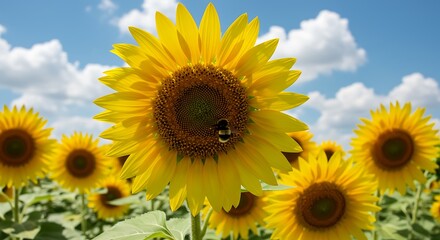 Fototapeta premium Sunflower Field with a Bee Pollinating on a Sunny Day with a Blue Sky and White Clouds