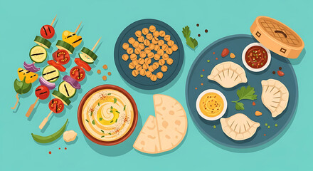 Delicious assortment of vegan dishes featuring skewers, hummus, chickpeas, and dumplings on light