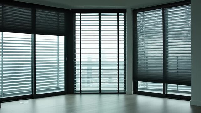 Corner room with large windows covered by horizontal blinds on a light wood floor