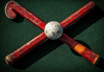 Two red field hockey sticks crossed with a white ball on green surface hockey ball sports equipment