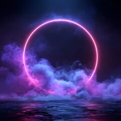 Ethereal neon circle glowing above a misty landscape with vibrant purple and blue hues at night