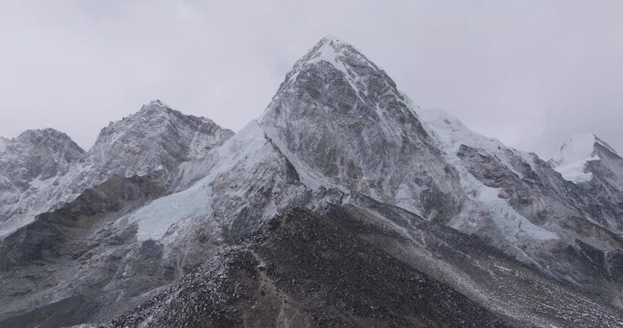 Drone view of Mount Pumori and Kalapatthar View Point on the Everest Base Camp trek in Nepal, less snowfall, gloomy skies, changing weather patterns, climate crisis, and adventurous Himalayan trails