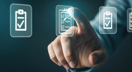 Human hand touching digital checklist icon with magnifying glass on a blue background