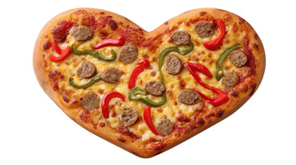 Heart shaped pizza isolated on transparent background with sausage and pepper topping
