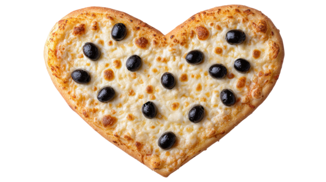 Heart shaped pizza isolated on transparent background with melted cheese and black olive topping