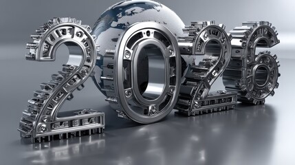 The design features the year 2026 and a vibrant Happy New Year message, complemented by a globe and metallic gears, symbolizing innovation and fresh opportunities for the new year