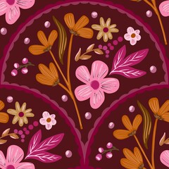 Autum Winter Pattern Background Illustration For Cover, Banner, Notes. Fall Winter Aesthetic Background.  Plant And Flower Pattern Background.